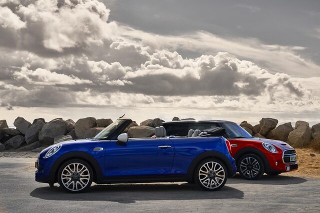 2019 Mini Cooper S Convertible and Hardtop side profile pair rocky seawall
