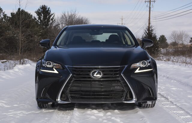 2017 Lexus GS 200t Straight Front View in Deep Blue with Spindle Grille