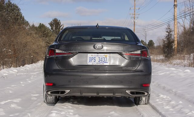 2017 Lexus GS 200t Straight Rear View with GS 200t Badge in Winter