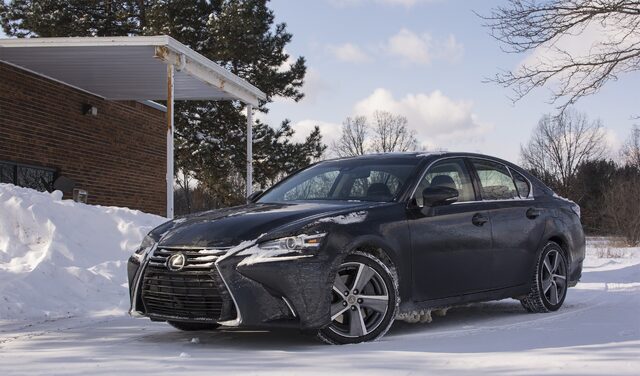 2017 Lexus GS 200t Front Three-Quarter View in Deep Blue During Michigan Winter