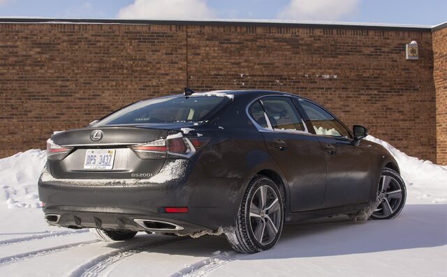2017 Lexus GS 200t Rear Three-Quarter View with GS 200t Badge in Snow