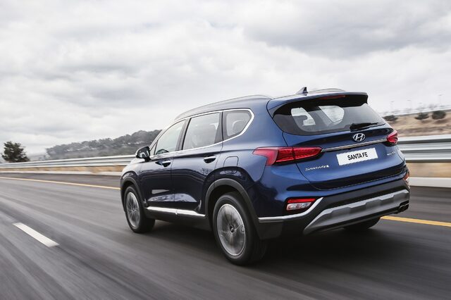 2019 Hyundai Santa Fe Exterior Rear Three-Quarter Action Shot Blue