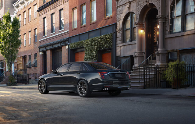 2019 Cadillac CT6 V-Sport — Rear Three-Quarter View on City Street at Dusk