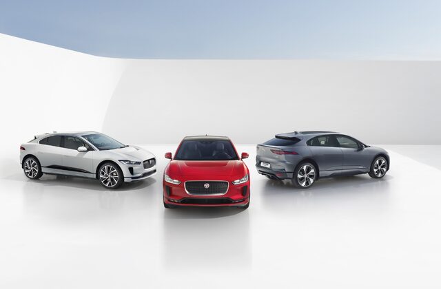 2019 Jaguar I-Pace SE Three-Vehicle Studio Display in White, Red, and Grey