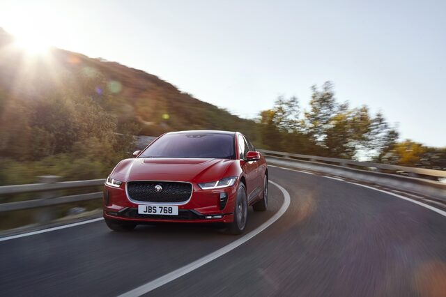 2019 Jaguar I-Pace SE Front Action Shot Rounding a Bend
