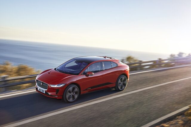2019 Jaguar I-Pace SE Front Three-Quarter Action Shot on Coastal Road