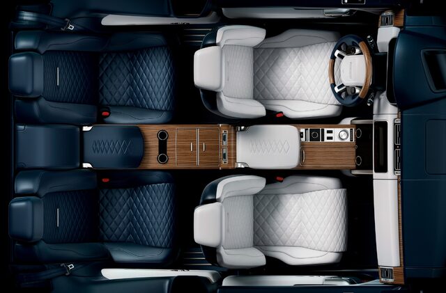 2019 Land Rover Range Rover SV Coupe — Interior, Overhead View of Four-Seat Cabin With Navy and Cream Leather