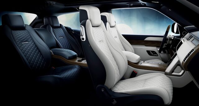 2019 Land Rover Range Rover SV Coupe — Interior, Side View of All Four Seats With Cream and Navy Leather