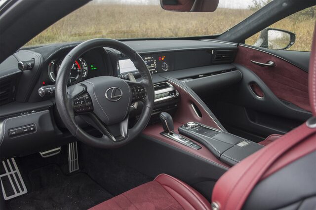 2018 Lexus LC 500 interior with red leather seats and dashboard
