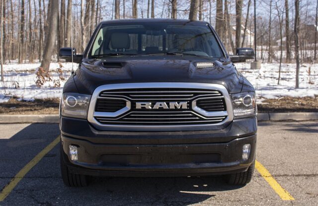 2018 Ram 1500 Limited Straight Front View with RAM Grille Badge and Hood Scoop