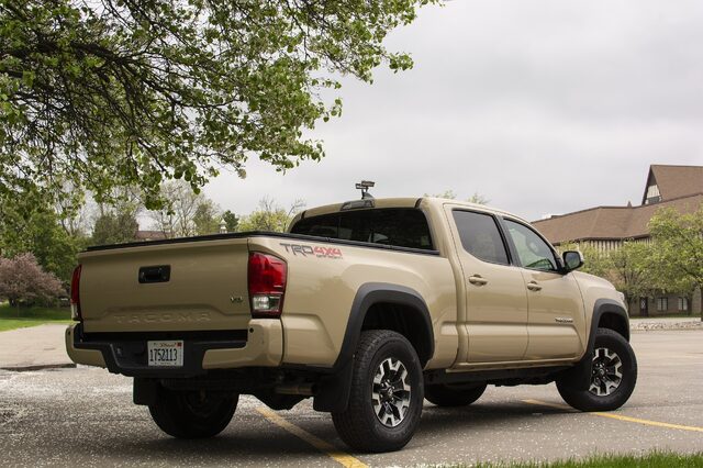 2017 Toyota Tacoma TRD Off-Road three-quarter rear, TRD 4x4 bed graphic