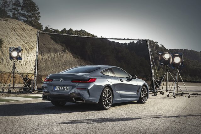 2019 BMW M850i xDrive press photo shoot rear three-quarter