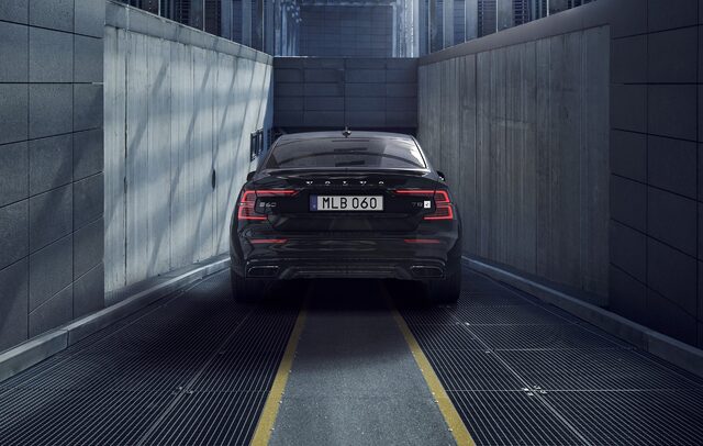 2019 Volvo S60 Polestar Engineered rear view in dramatic tunnel setting