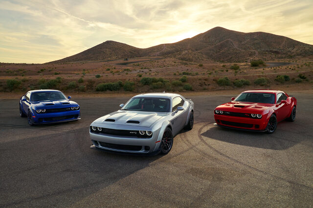 2019 Dodge Challenger SRT Hellcat Widebody, three-car group shot in blue, silver, and red
