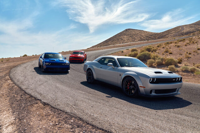 2019 Dodge Challenger SRT Hellcat Redeye Widebody, silver leading three-car desert convoy
