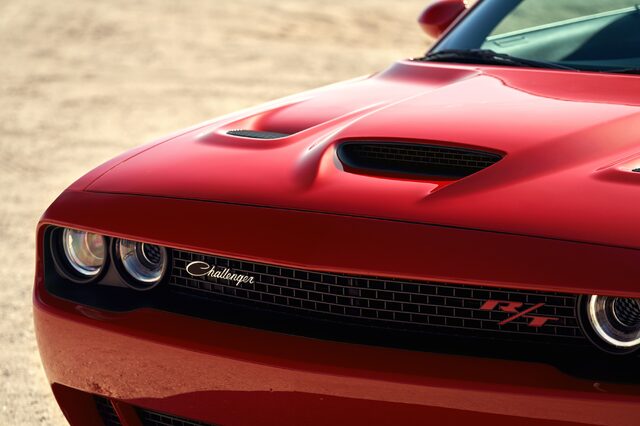 2019 Dodge Challenger R/T, front grille and hood closeup in red