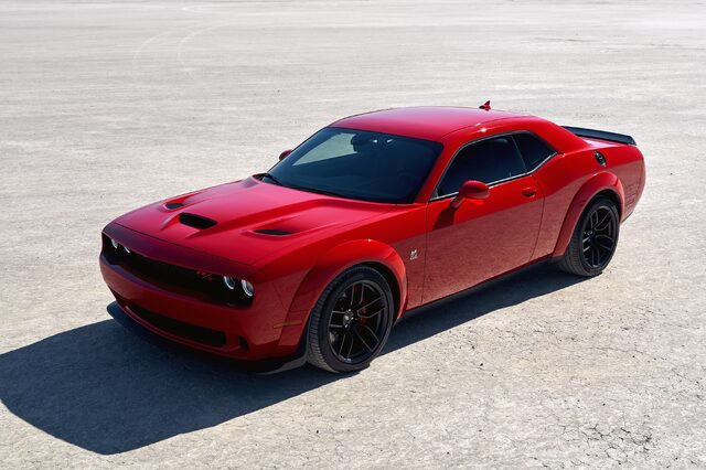 2019 Dodge Challenger Scat Pack Widebody, overhead three-quarter view in red on salt flat
