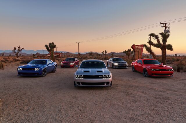 2019 Dodge Challenger, five-car full lineup at desert Joshua Tree location at dusk