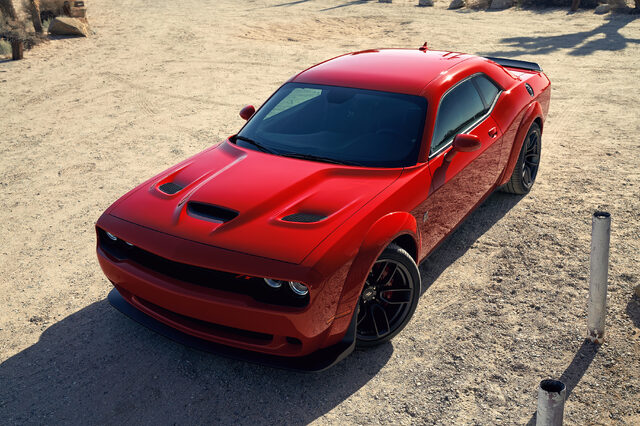 2019 Dodge Challenger R/T Scat Pack, overhead front three-quarter view in red on gravel