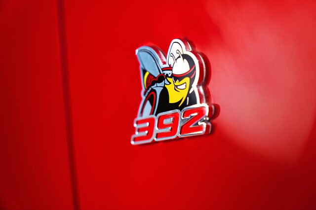 2019 Dodge Challenger Scat Pack, 392 Scat Pack Bee badge closeup on red body panel