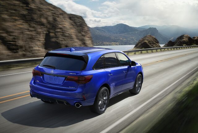 2019 Acura MDX Base Rear Three-Quarter View in Blue on Mountain Road