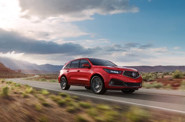 2019 Acura MDX Base Front Three-Quarter View in Red on Desert Highway