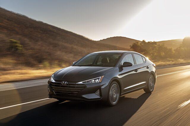 2019 Hyundai Elantra, front three-quarter view in motion