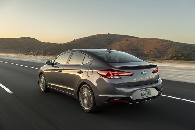 2019 Hyundai Elantra, rear three-quarter view in motion