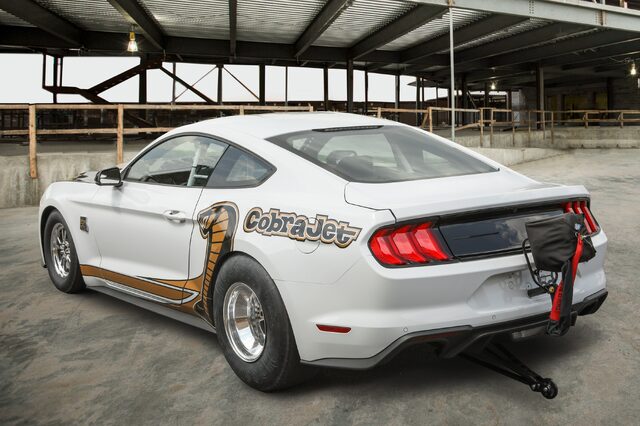 2018 Ford Mustang Cobra Jet — White and Gold 50th Anniversary Rear Three-Quarter with Wheelie Bars
