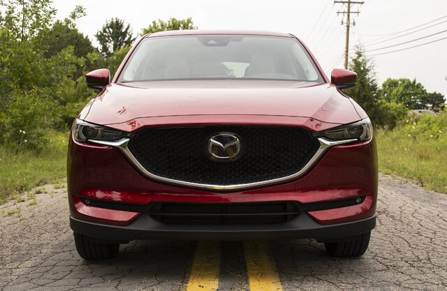 2018 Mazda CX-5 Grand Touring direct front view in Soul Red Crystal