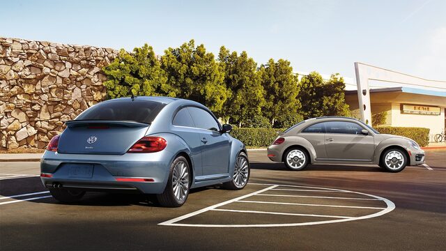 2019 Volkswagen Beetle Final Edition — Hatchback Pair, Powder Blue and Sand Silver, Parking Lot