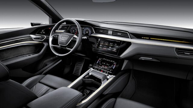 2019 Audi e-tron interior dashboard straight-on dual MMI touchscreen view