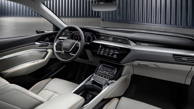2019 Audi e-tron interior dashboard with dual MMI touchscreens light interior