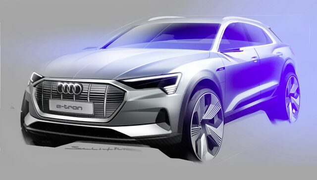 2019 Audi e-tron design sketch front three-quarter rendering