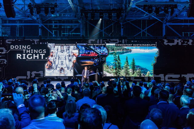 2019 Audi e-tron premiere event stage with Doing Things Right slide