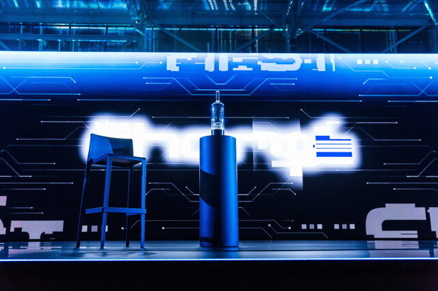 2019 Audi e-tron premiere event stage setup with tech display backdrop