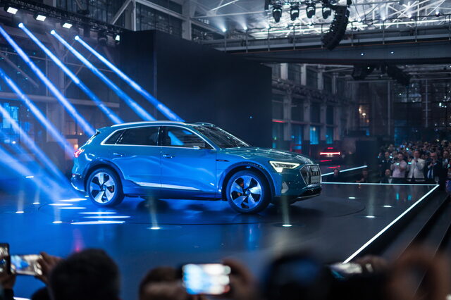 2019 Audi e-tron side profile on stage at San Francisco premiere