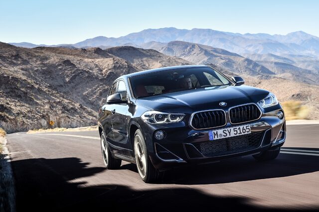 2019 BMW X2 M35i front three-quarter view on desert mountain road