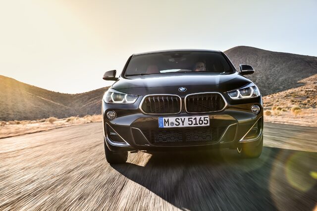 2019 BMW X2 M35i direct front view at golden hour in desert