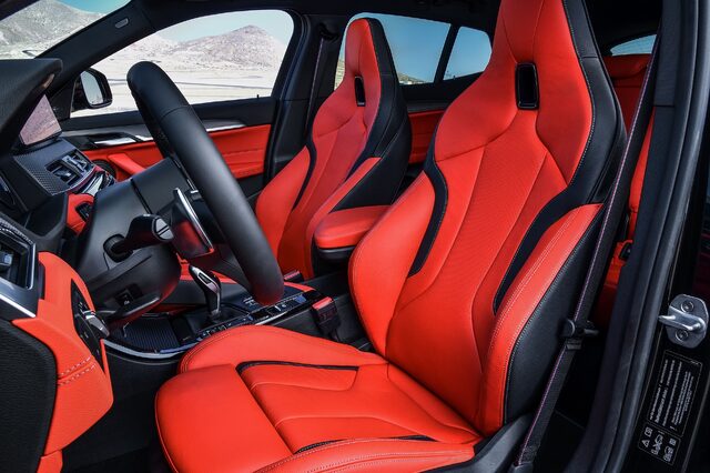 2019 BMW X2 M35i red leather M Sport front seats with black bolsters