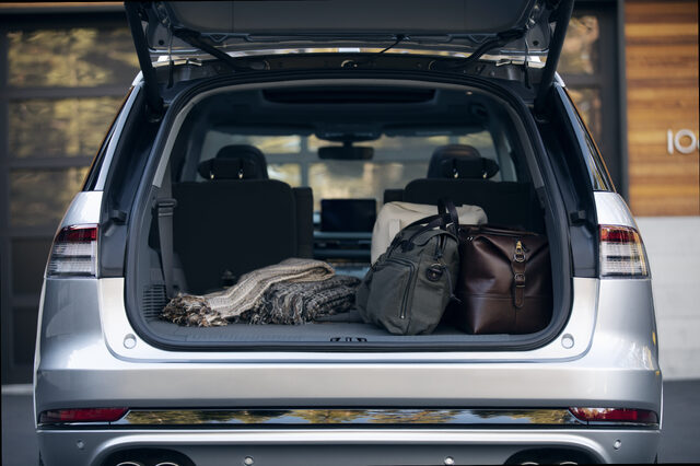 2020 Lincoln Aviator, rear cargo area open with luggage loaded