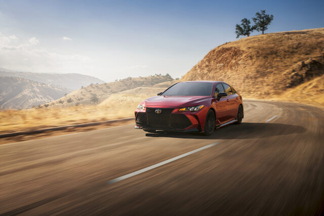 2020 Toyota Avalon TRD Front Three-Quarter Action Shot on Desert Highway