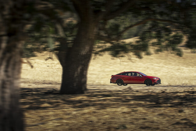 2020 Toyota Avalon TRD Side Profile Panning Shot Through California Oak Trees