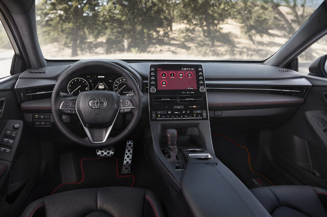 2020 Toyota Avalon TRD Interior Showing Sport Cockpit with Red Stitching and Large Touchscreen