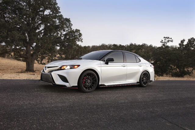 2020 Toyota Camry TRD Front Three-Quarter View with TRD Aero Kit and Lowered Stance