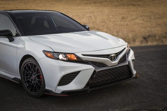2020 Toyota Camry TRD Front Fascia Close-Up Showing Mesh Grille and TRD Splitter