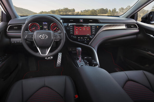 2020 Toyota Camry TRD Interior Showing Sport Cockpit with Red Stitching and Aluminum Pedals