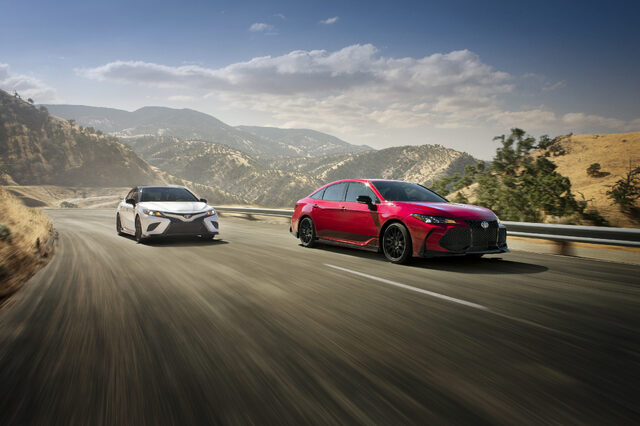 2020 Toyota Avalon and Camry TRD Front Three-Quarter Mountain Highway Action Shot