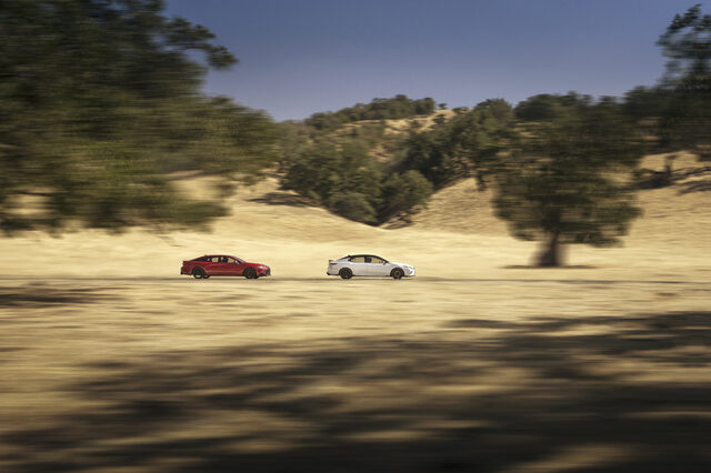 2020 Toyota Avalon and Camry TRD Side Profile Panning Shot on Open Road