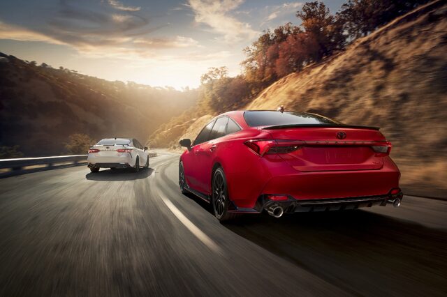 2020 Toyota Avalon and Camry TRD Rear Three-Quarter Canyon Road Action Shot